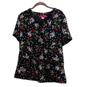 Betsey Johnson Cherry Floral Scrub Top Large Pockets Cherries Flowers Black Red